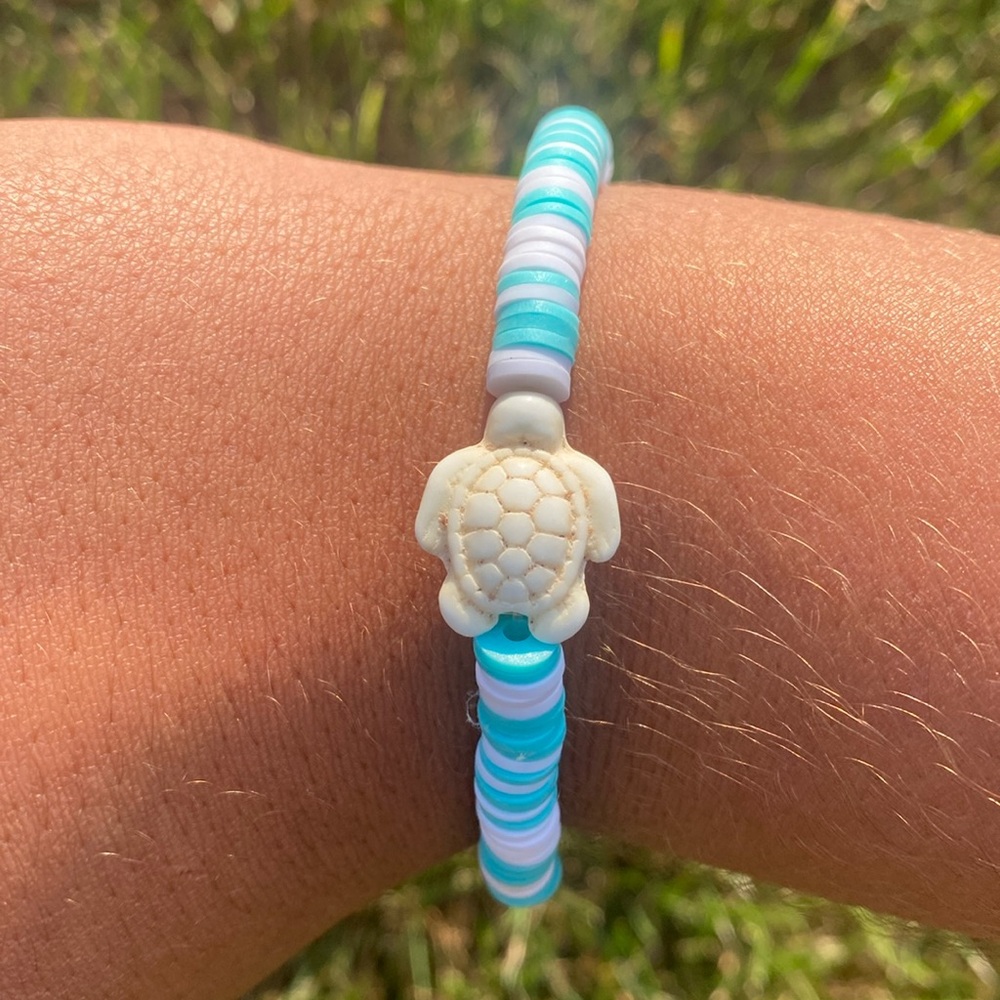 A handmade clay bead bracelet